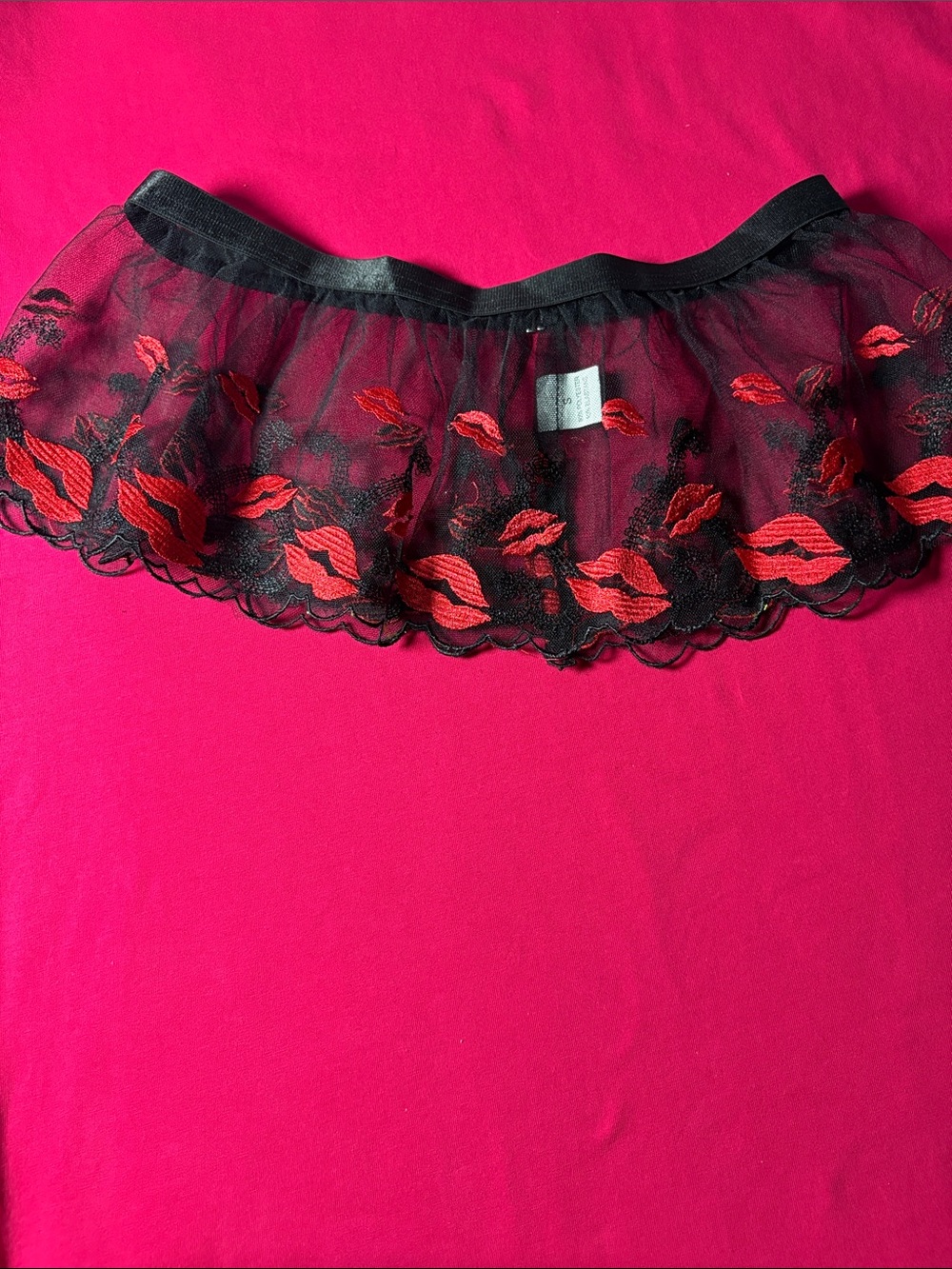 Sheer Black Lace Collar with Red Lip Embroidery